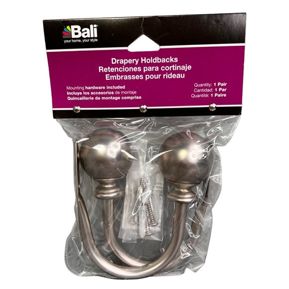 Bali Satin Nickel Ball Drapery Holdbacks Pair Silver Curtain Drapes Hardware NIP - Picture 2 of 7